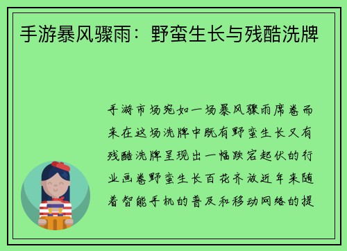 手游暴风骤雨：野蛮生长与残酷洗牌